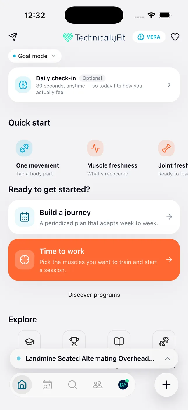 Today screen: daily check-in, quick start, and your session